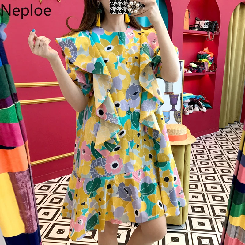 

Neploe Korean Short Sleeve Doll Dress Floral Printed Women Dresses 2019 Summer Ruffles Sweet Above Knee A-line Vestidos 53154