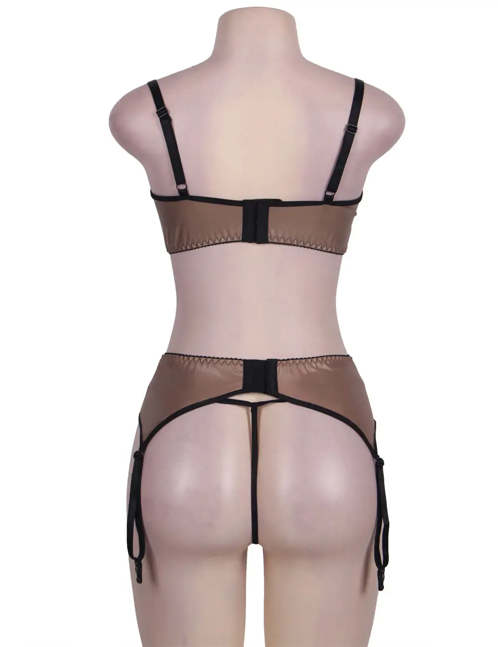 Faux Leather Wetlook Mesh Floral Lace Open Cup Wire Bralette Bra Top Garter Belt Skirt Thong Fetish 3 Pcs Lingerie Set Plus Size