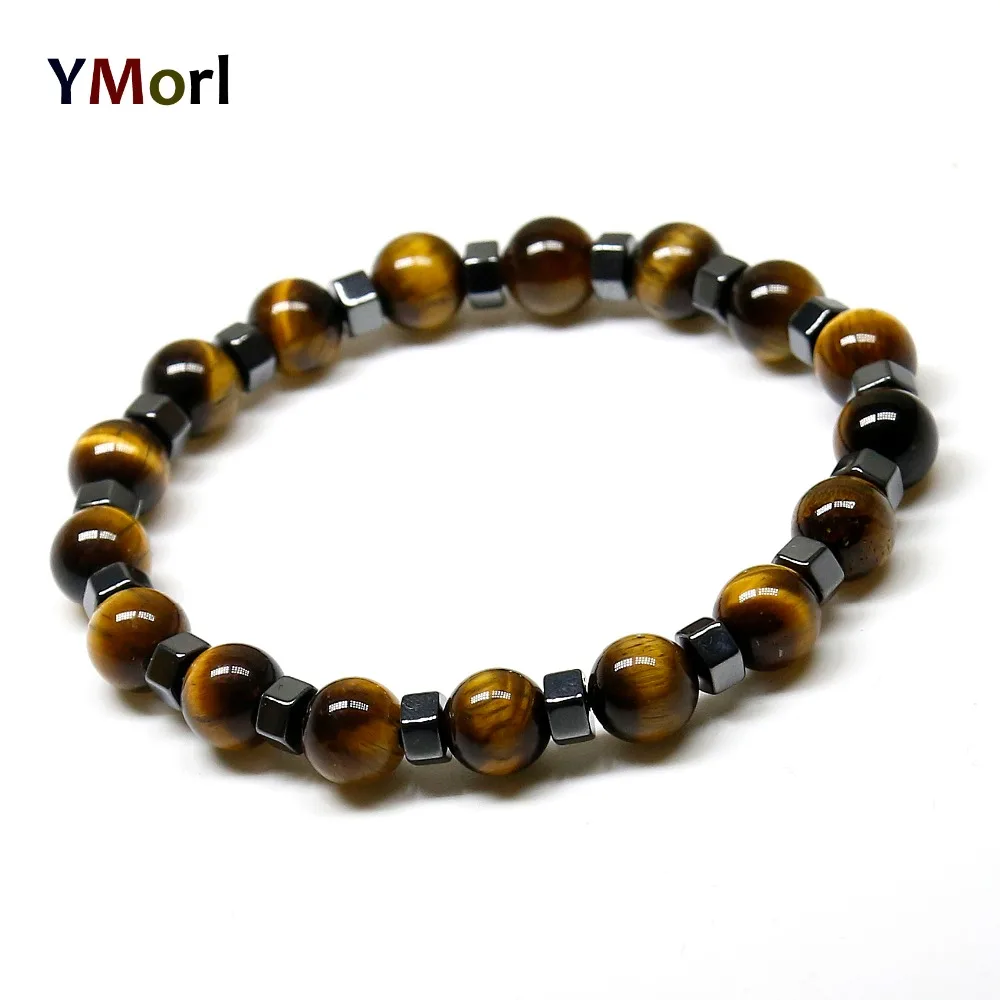 

YMorl 8mm Natural Tiger Eye Stone Bracelets, Hematite Geometric Bracelet For Men And Woman