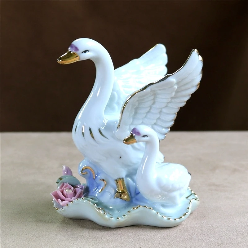 Cozy Porcelain Swan Mother Miniature Ceramic Baby Swan Figurine