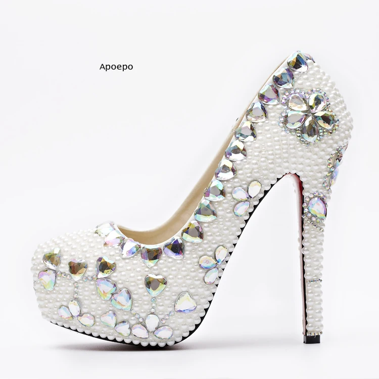 

New Cheap Price High Heel Shoes For Woman Bling Bling Crystal Embellished Wedding Heels Love Heart Rhinestones Platform Pumps