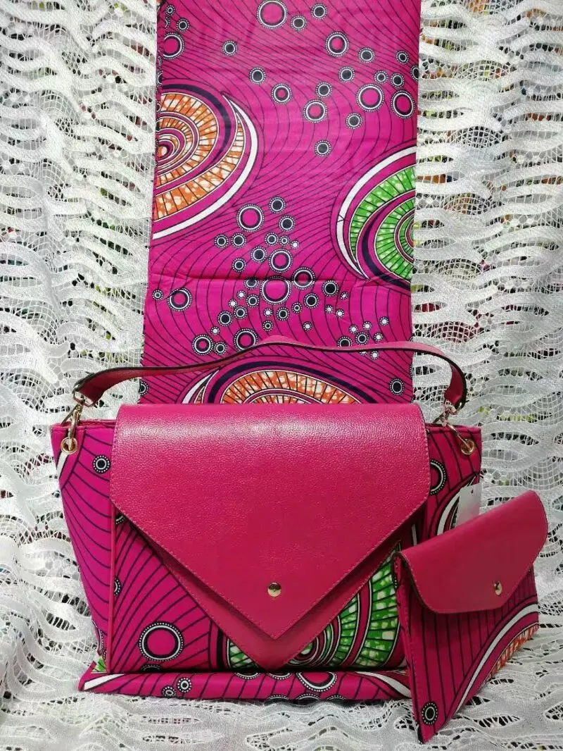 

Amazing fuchsia design African suepr batik cloth nice print wax fabric (6yards) with wax handbag and purse set BDWB1(3pcs/set)