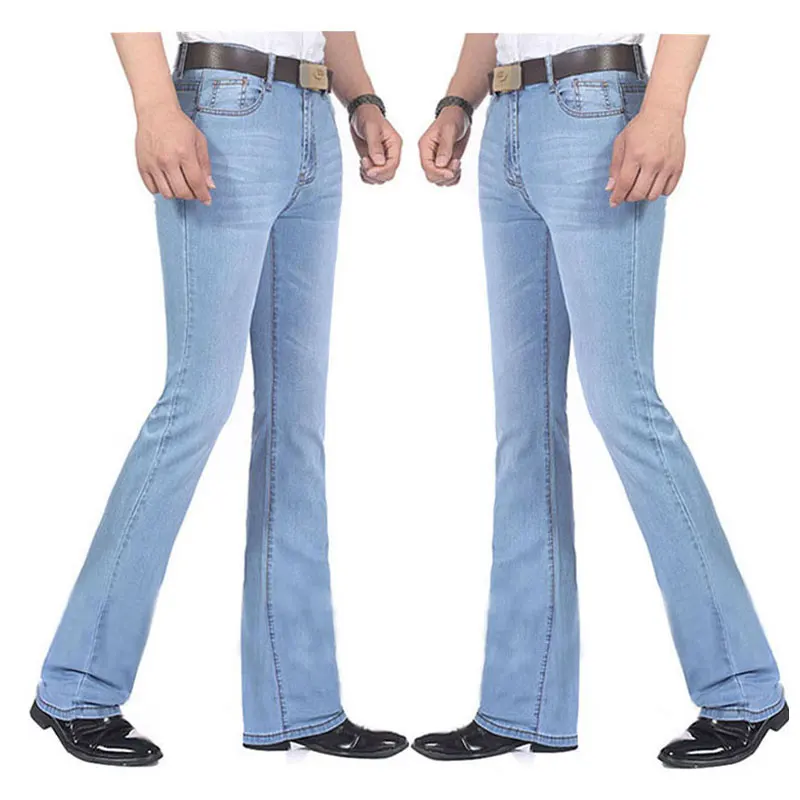 

2019 Spring and Summer Models Men's stretch Denim Flared pants Light blue Spring jeans New Slim Flared pants Biker jeans
