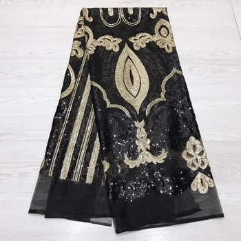 

5 yards high quality with feather embroidered net tulle mesh lace black gold french sequins lace fabrics for wedding dress