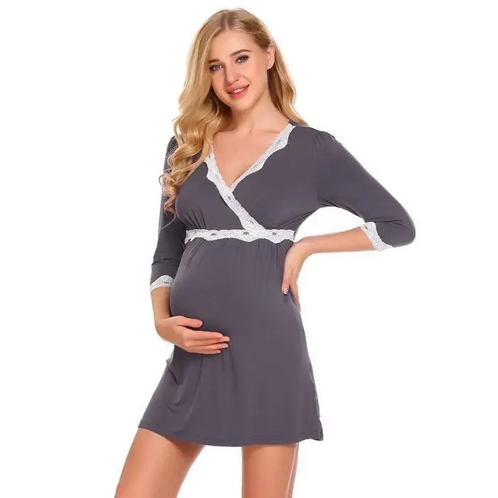 Ekouaer Для женщин Ночная рубашка для беременных и кормящих Ночное платье пижамы V шеи Кружева лоскутное короткие платья сна Ночное Женский Спокойной