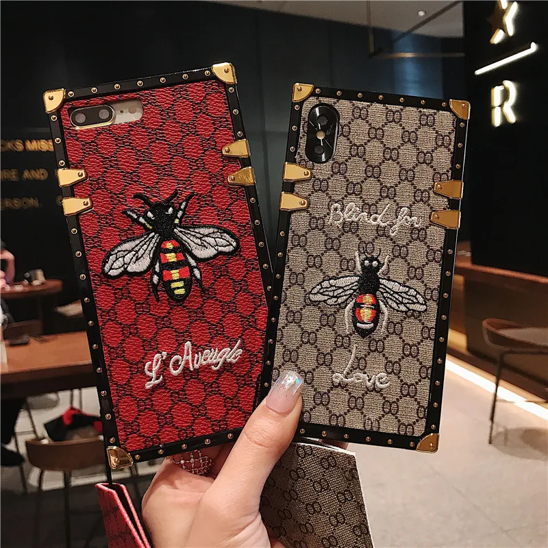 

Luxury Bee Case For iphone 6 S 7 8 plus X XR XS Max Embroidered Flamingo Square Back Cover Samsung Galaxy S8 S9 note 8 9