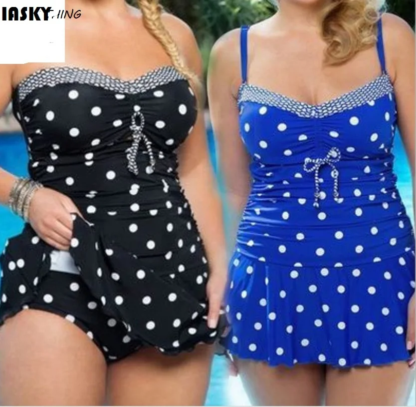 Iasky 2017 New Plus Size Two Piece Swimsuit Women Vintage Print Polka 