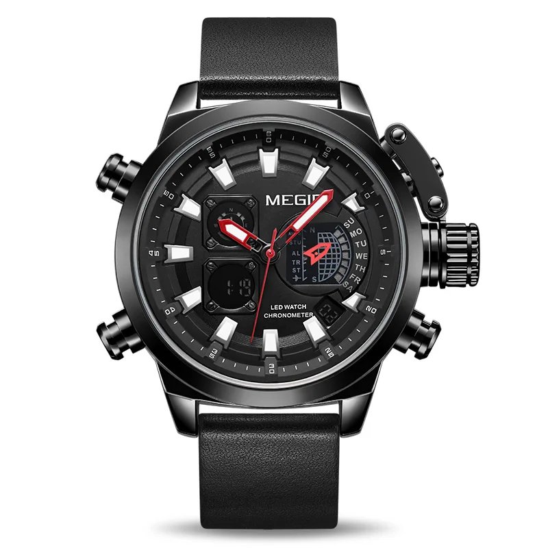 MEGIR спортивные часы с двойным дисплеем для мужчин, цифровые аналоговые кварцевые часы, мужские военные часы, Relogio Masculino Reloj Hombre - Цвет: Whole black