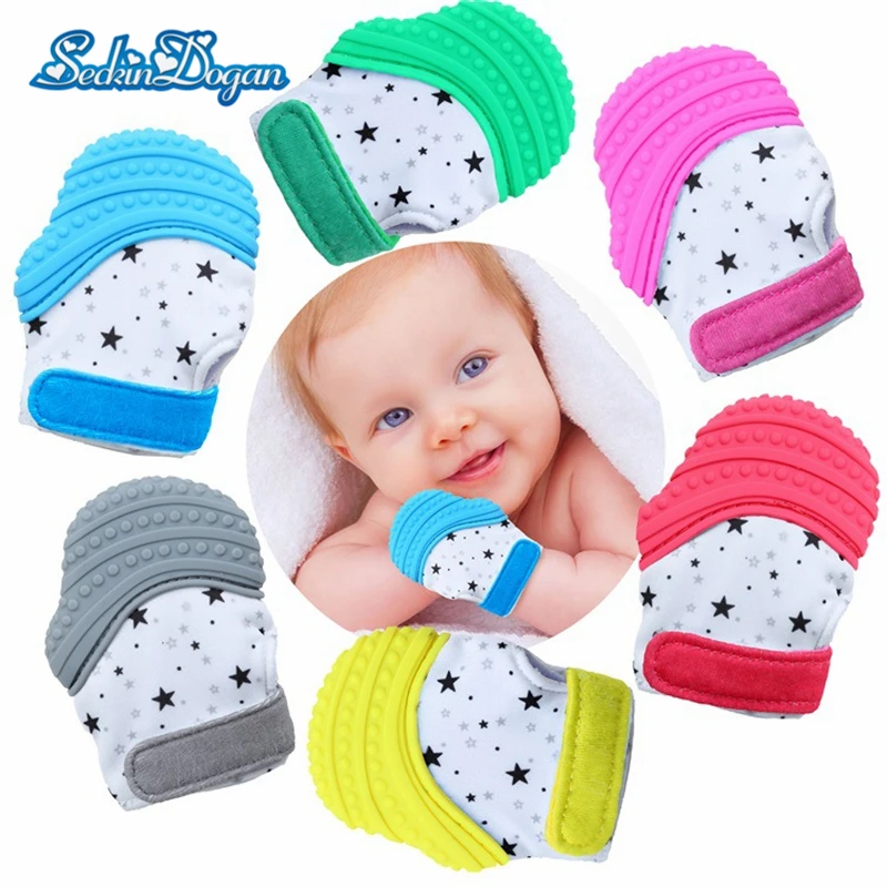 

SeckinDogan Baby Mittens Safe Food Grade Silicone Teether Baby Gloves Woodproof Natural Thumb Sound Baby Stuff Accessories
