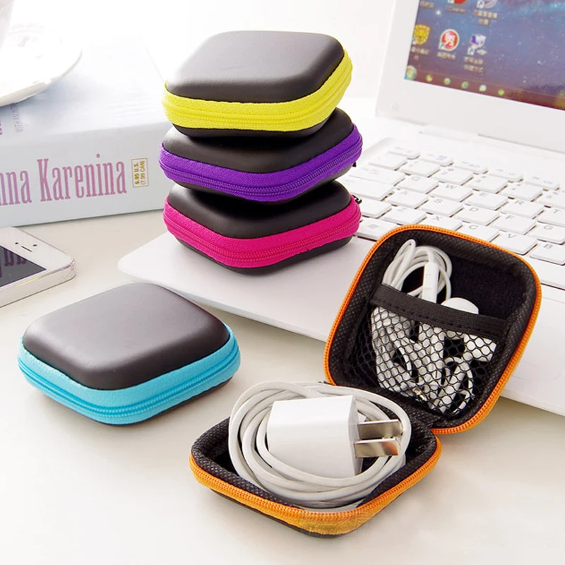 Portable Earphone Pouch Hard PU Leather Storage Earphone Bag Protective