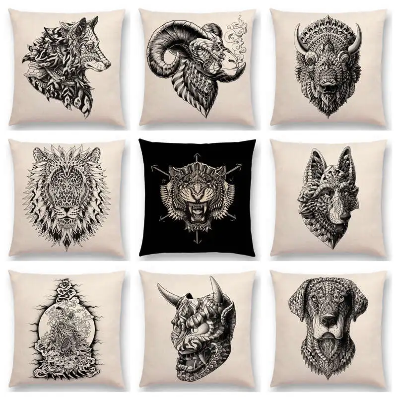 

Ornate Brav Animals Totems Free Beast Faith Tattoo Prints Beautiful Cushion Cover Sofa Throw Pillow Case Buck Owl Tiger Lion Ram