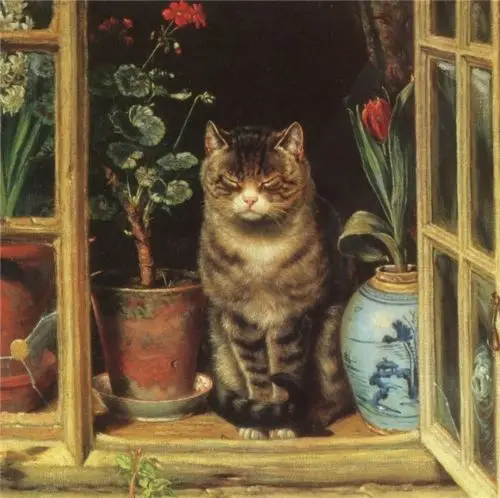 Oil painting Dozing cat in a window with flowers landscape hand painted