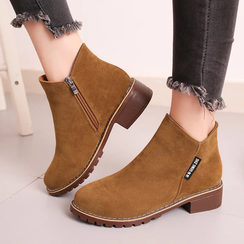 

Women Autumn Winter Zipper Flock Booties Round Toe Med Square Heels Ladies Warm Casual Solid Ankle Boots Size 35-42 8H0563