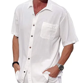 

Men's Linen Short Sleeve Shirts Blouse Summer Solid Color Cotton Shirts Casual loose Pocket Soft Tops Shirts Lot