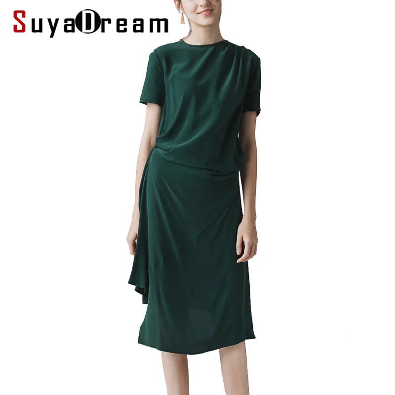 

Women OL Dress 100%Real Silk Crepe Solid Short Sleeved Office Lady Dresses Fashion Waist 2019 New Summer Dresses for Lady