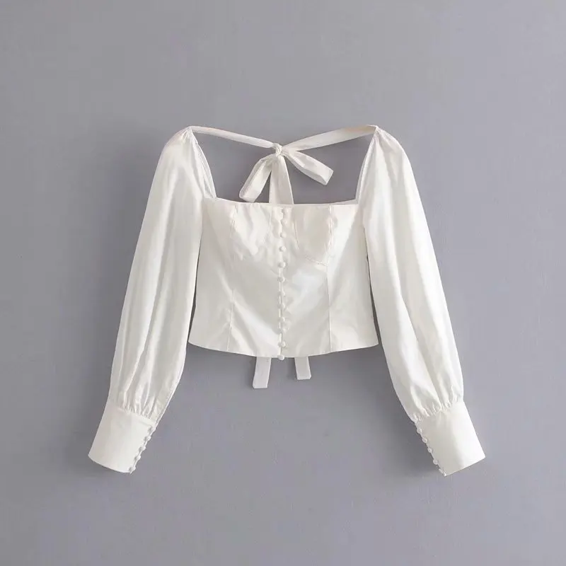 

Fashion new retro palace puff sleeves slim slim front row of straps tops