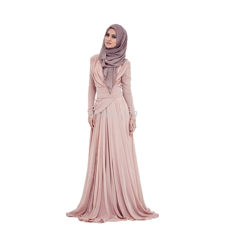 

Plus Size Muslim Evening Dresses 2019 A-line Long Sleeves Chiffon Scarf Islamic Dubai Saudi Arabic Long Formal Evening Gown