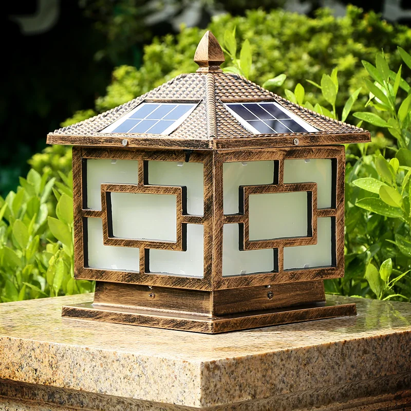 

Outdoor LED Solar Pillar Lights Pane Pattern Aluminum Chinese Style Luminary For Garden Fence Wall Household Decoration Lighting