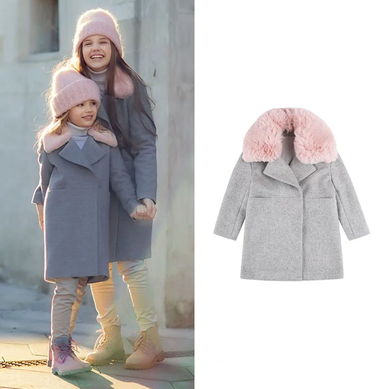 

Girls' Wear Luxury Antique Powder Faux Fur Large Lapel Dark Double Breasted Coat