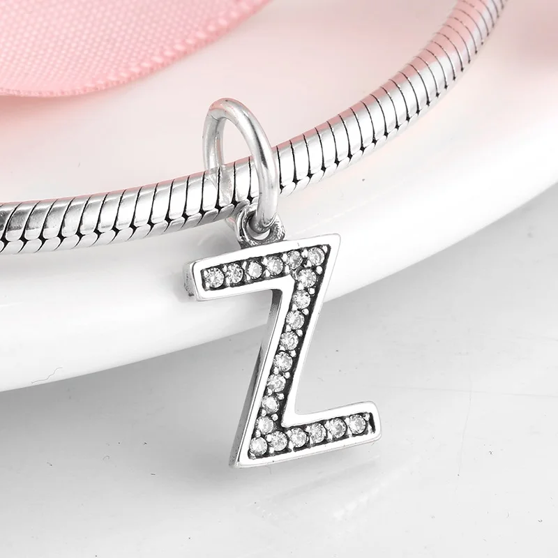 Новинка, 925 пробы серебряная буква, бусины от A до Z, прозрачные CZ подвески, подходят для оригинальных браслетов Pandora для женщин, ювелирные изделия - Цвет: Z