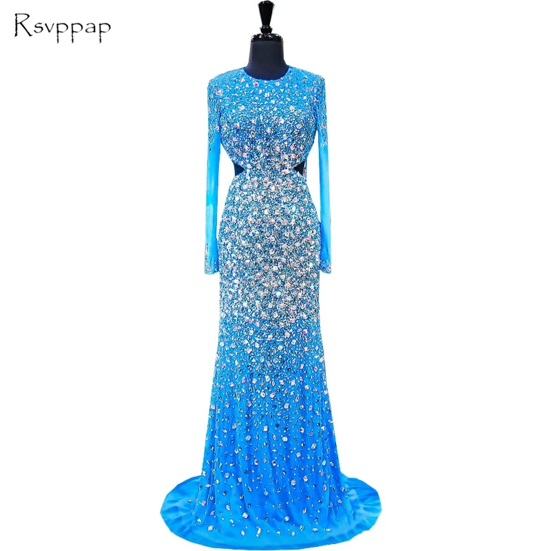 

Long Evening Dress 2019 Mermaid O-neck Long Sleeve Beaded Crystals Backless Luxury Blue Women Formal Evening Gowns