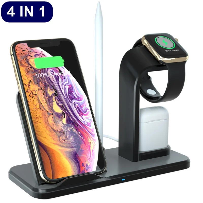 

10W Fast Wireless Charger Stand For Apple Watch 4 3 2 1 Quick Charge 4 IN 1 Dock Station for iPhone XS X 8 Samsung S9 S10 Plus