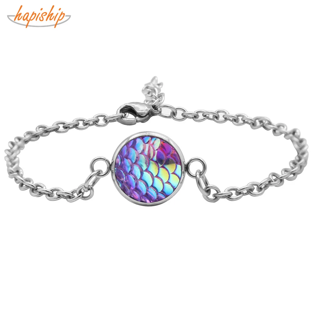 

Hapiship 2019 Newest Fashion Women's Stainless Steel Cute Round Mermaid Fish Scales Bracelet Chain For Women Lady Girl Gift G025
