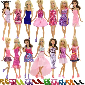 

Random 15 Pcs/lot = 5x Fashion Handmade Wedding Party Sexy Dresses + 10x Mixed Style Plastic Shoes Accessories For Barbie Dolls