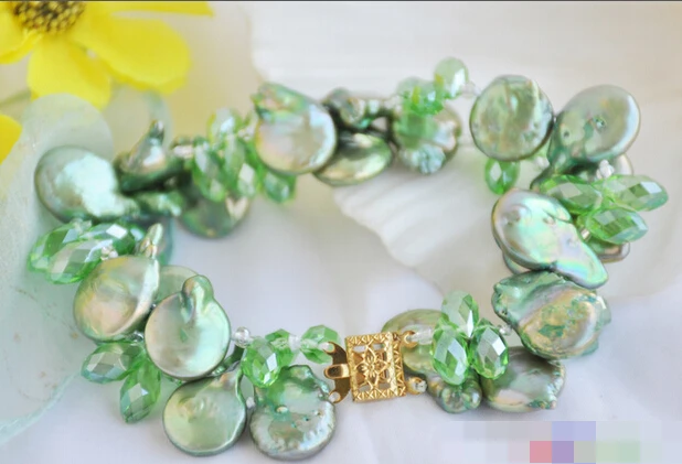 

FREE SHIPPING>>>@@ > 01360 2row 8" green coin freshwater pearl faceted teardrop crystal bracelet