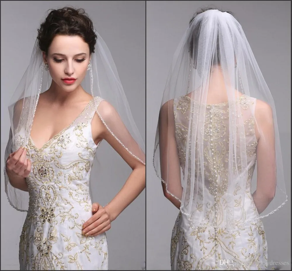 One Layer Bridal Wed Veils With Comb White And Ivory Wedding Veil Cathedral Tulle Beaded Short Wedding Veil 2016