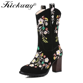 

Kickway Embroidery Cowgirl Shoes Winter 2018 Comfortable Western Boots Cowboy Round Toe Embroidered Women Mid Calf Chunky Boots