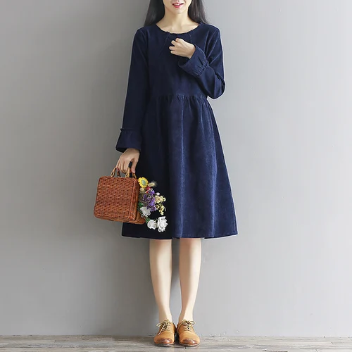 

Autumn Winter Women Loose Vintage Fashion Flare Sleeve Color Corduroy Dress Mori Harajuku Casual Long-Sleeve Corduroy Dress