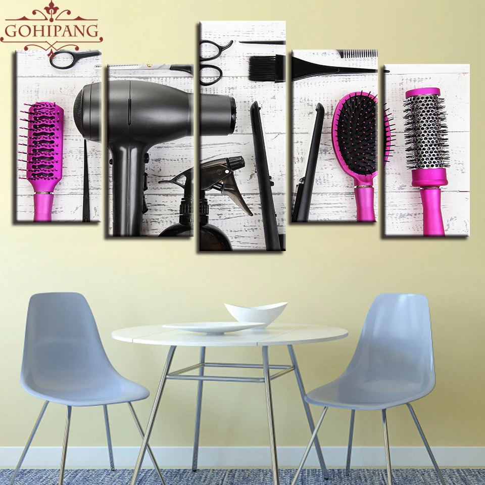

Gohipang 5 Piece Canvas Painting Hairdressing Tools Scissors Comb Barbershop Beauty Salon Room Decor Print Poster Wall Art Frame