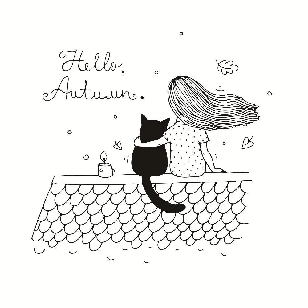 Hitam Putih Indah Perempuan Dan Kucing Hello Musim Gugur Seni Kanvas