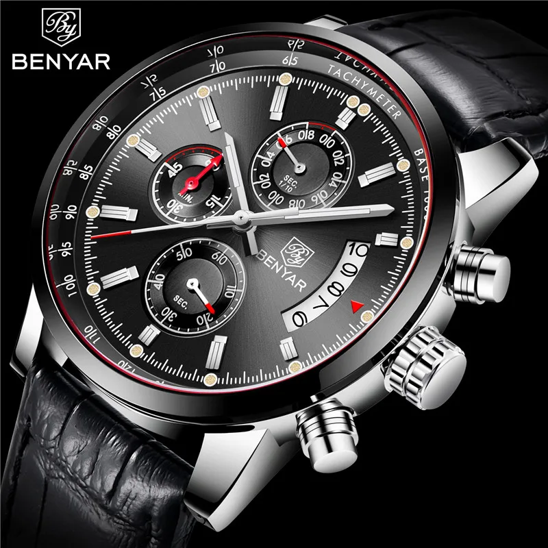 Baratos Relojes BENYAR para hombre 2019 reloj de cuero de cuarzo de marca nueva de lujo reloj de pulsera cronógrafo de moda para hombre reloj deportivo reloj Masculino