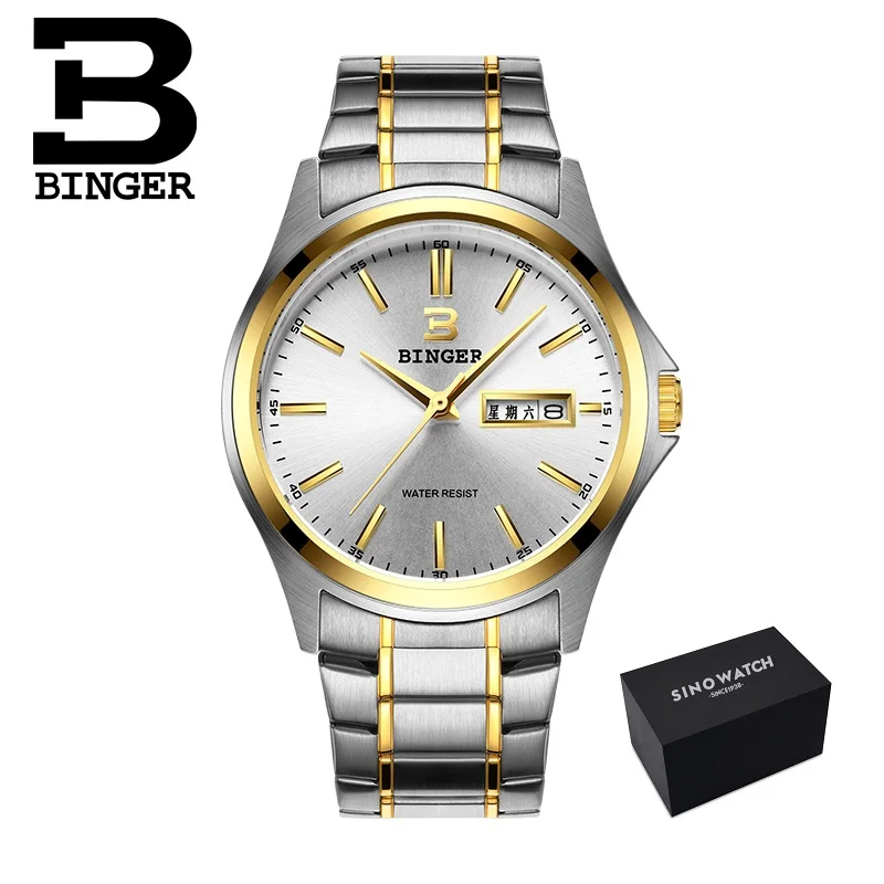 Полностью нержавеющие часы, швейцарские роскошные мужские часы Бингер, брендовые Кварцевые водонепроницаемые часы с полным календарем, мужские наручные часы B3052A7 - Цвет: BD-S-Rgold