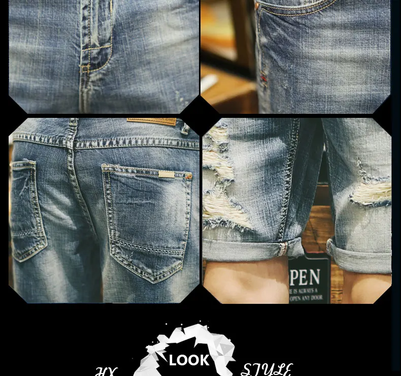 Джинсы Короткие мужские летние новые модные повседневные джинсы slim простые отверстия Шорты masculino