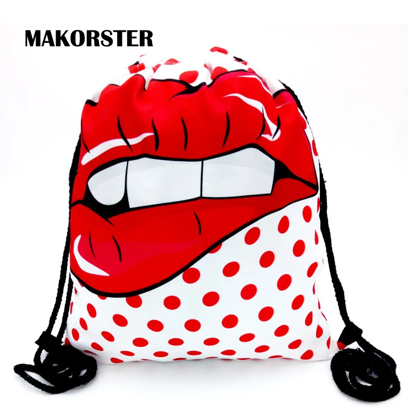 MAKORSTER Summer Lips 3d Fashion Backpack Women Beach Bag feminine Korean Backpacks Small Drawstring Bag designer