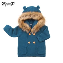 Hzirip зимний теплый вязаный свитер для новорожденных детей Съемный с капюшоном меховой воротник шерстяная куртка кардиган джемпер вязаная верхняя одежда