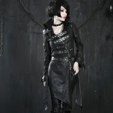 Heavy Punk Faux Leather Sexy Ladies Long Jackets Gothic Unique Fashionable Black Red Corset Coats Windbreakers with Buckles