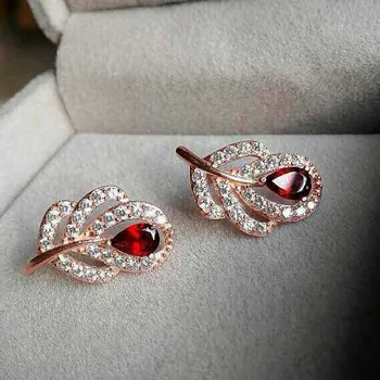 

Fidelity 3*5mm natural garnet s925 sterling silver stud earrings feather fine jewelry for women party Natural red gemstone