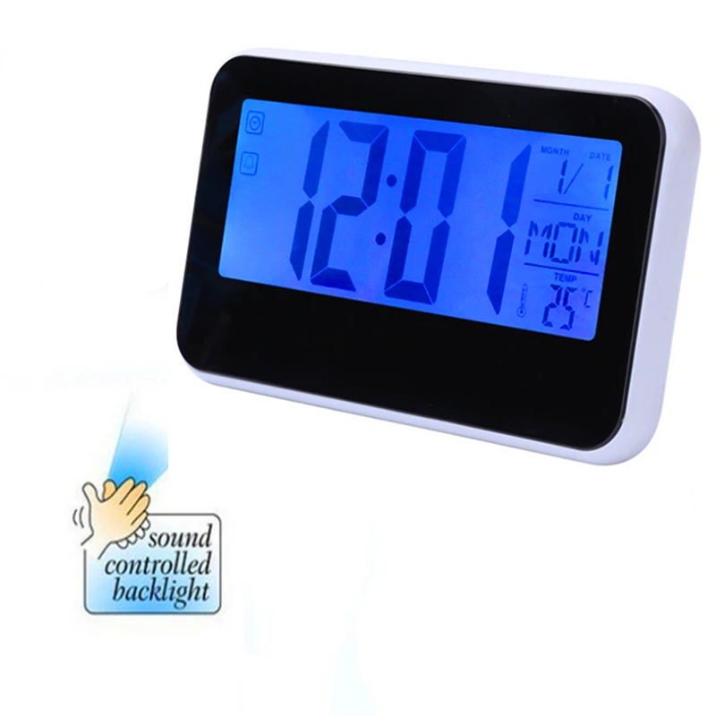Voice Control Back-light LCD Alarm Clock Weather Monitor Calendar Decor Desktop Table Clock With Timer Sound Sensor Temperature