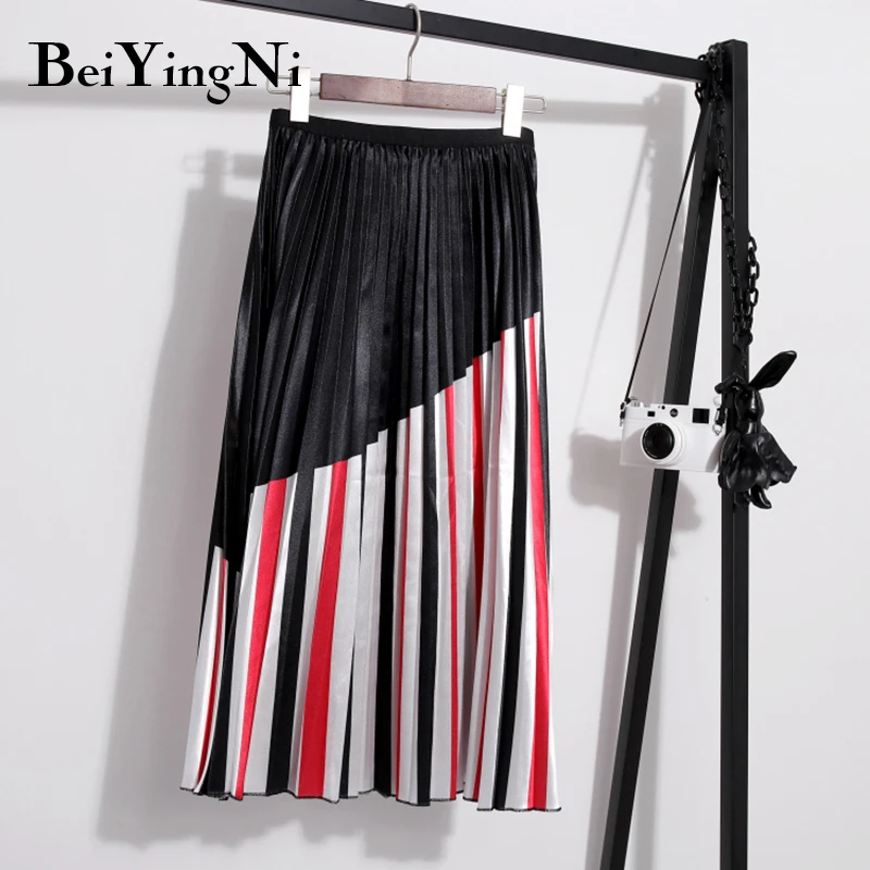 

Beiyingni New-Coming Europen 2019 Striped Skirts Women Pleated High Street Style Mid-Calf Christmas Saias Vintage Fashion Skirt