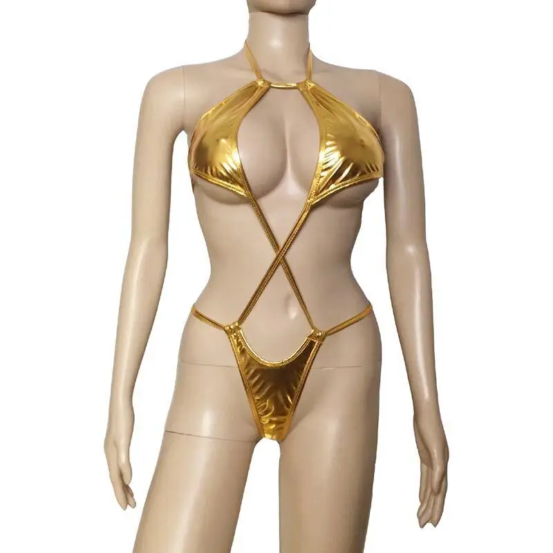 

Women Sexy Metallic Shiny Leather Halter One Piece Criss Cross Bra Top Bikini Teddy Bodysuit Leotard Thong Monokini Lingerie