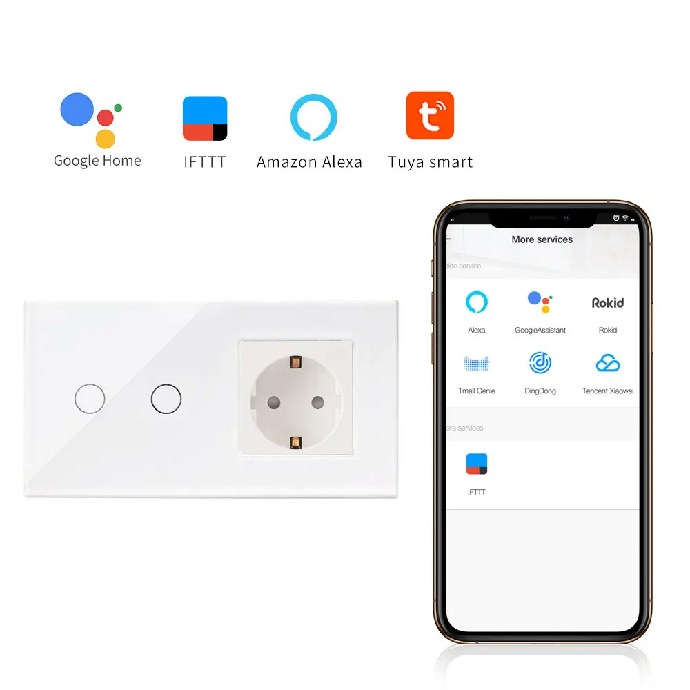  Bingoelec Smart Home Automation Wall Switch EU Standard 2 Gang 1 Way Wifi Glass Panel Touch Switch  - 33012532256