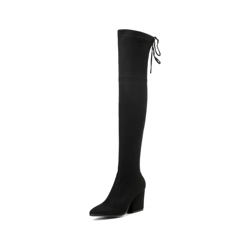 Женские ботинки; ботфорты на Высоком толстом каблуке; модные высокие сапоги с острым носком на шнуровке; сезон осень-зима - Цвет: Черный