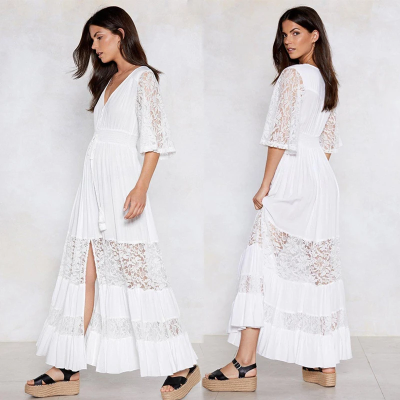 

Stitching Lace Cover ups for Beach Elastic Waist Pareo na plaze Hollow Out Button V-neck Beach Dress swimsuit Beach dres White
