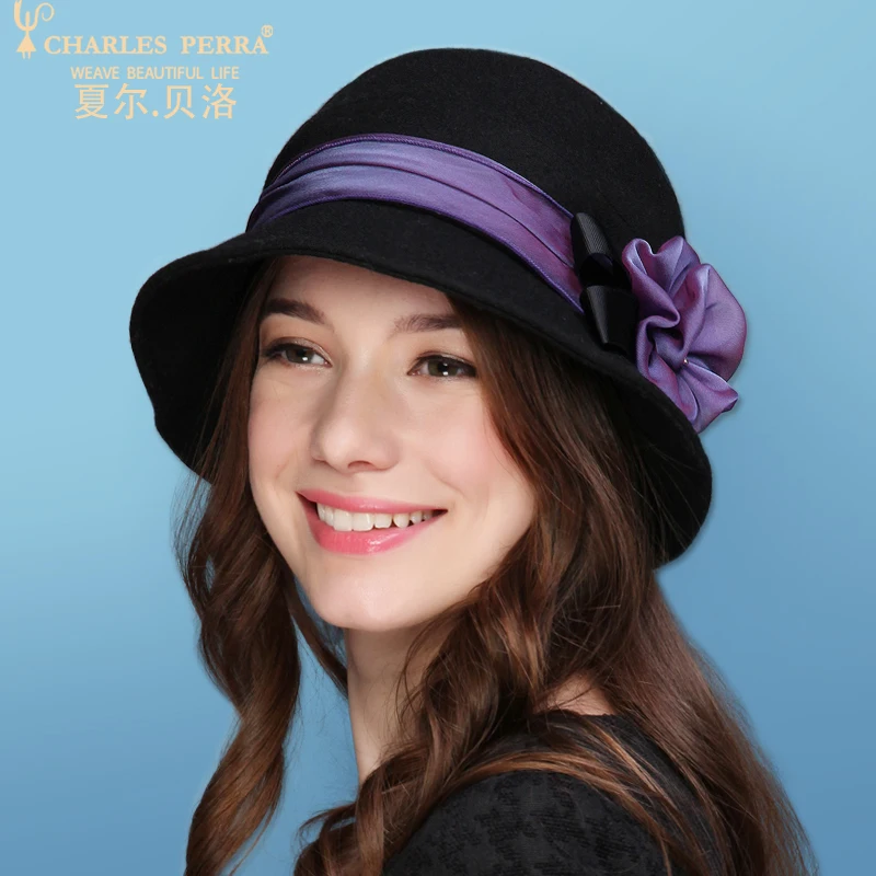 

Charles Perra Hat Autumn Winter New Women Wool Caps Elegant Flowers Fashion Cap Keep Warm Plus Velvet Lady Bucket Hat 3251