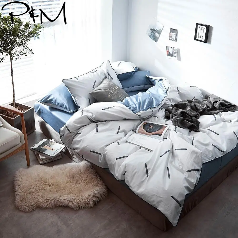 

2019 Simple Black Lines Blue Duvet Cover Set Flat Fitted Sheet Cotton Bedlinens Hypoallergenic Twin Queen King Bedlinens