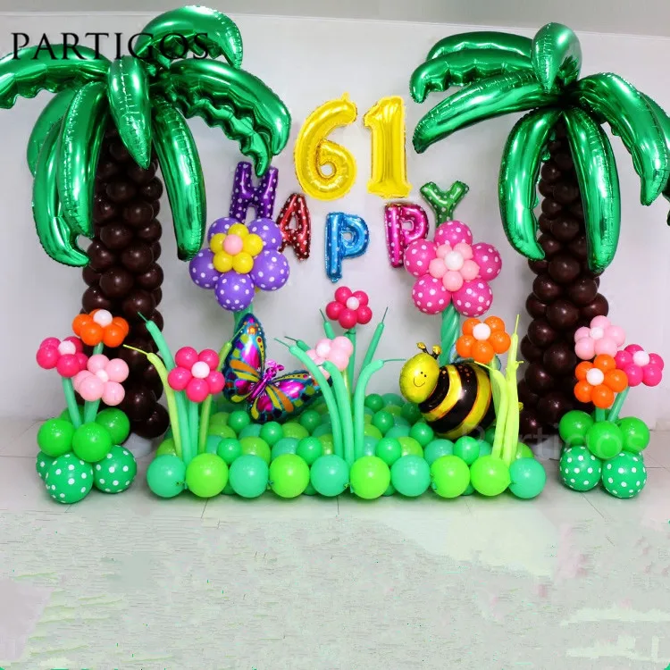 

50pcs/lot Palm leaf Balls Wedding Room/Opening Ceremony decor Coconut tree leaf aluminum foil balloons Holiday Beach supplies
